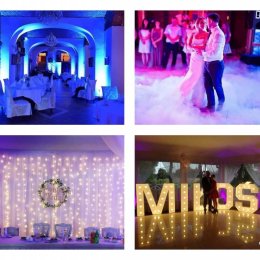 Oświetlenie, Ciężki Dym, ścianka za Parą Młodą, napis Miłość - Dekoracje świetlne