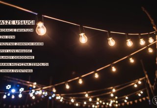 Dekoracje światłem, girlandy, ciężki dym, napis LOVE/MIŁÓŚĆ!