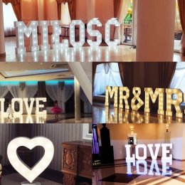 Napisy na Wasze wesele:Miłość,Love,Mr&Mrs;,Serce,Ciężki dym,Balony - Dekoracje świetlne