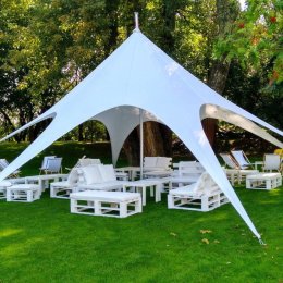 Namiot weselny GWIAZDA / Aranżacja przestrzeni / meble eventowe / W-wa - Wynajem namiotów